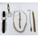 A selection of gilt costume jewellery, three watches and a white metal necklace