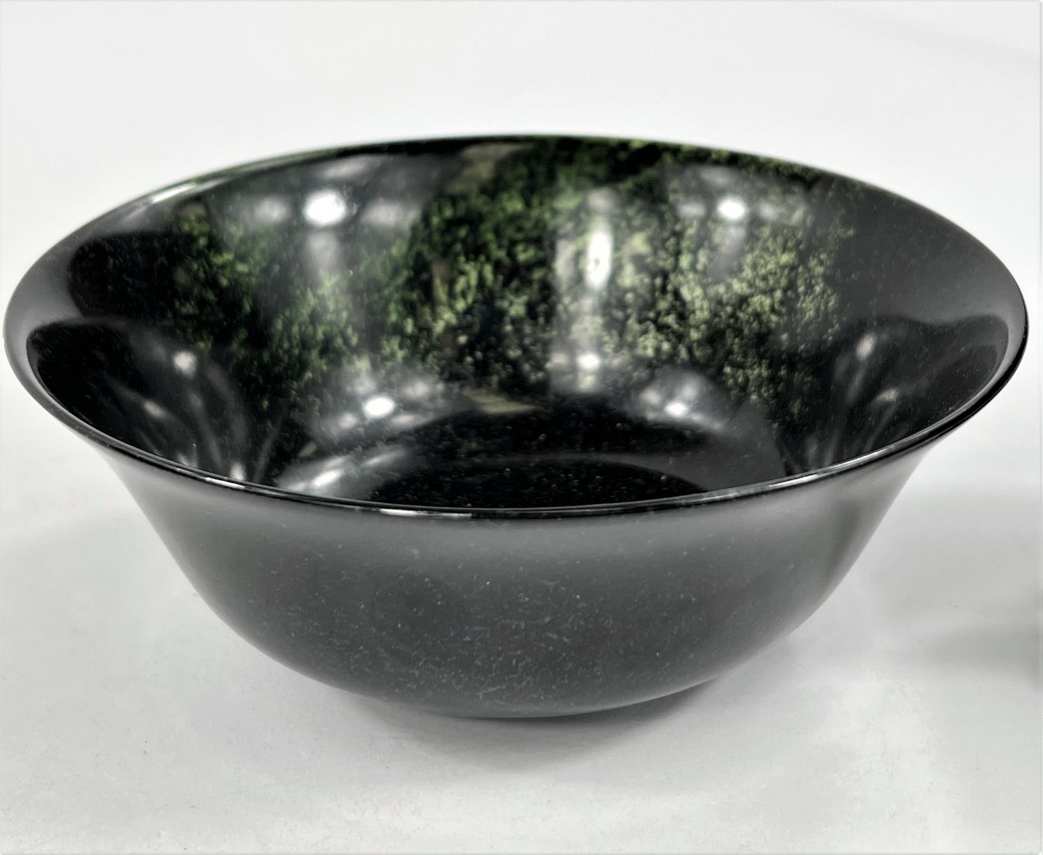 A Chinese carved hardstone bowl dia. 13cm and a Celadon coloured bowl on wooden stand - Image 2 of 6