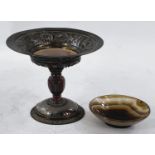 A late 18th/early19th century white metal and agate tazza with gilt highlights, on pink agate type