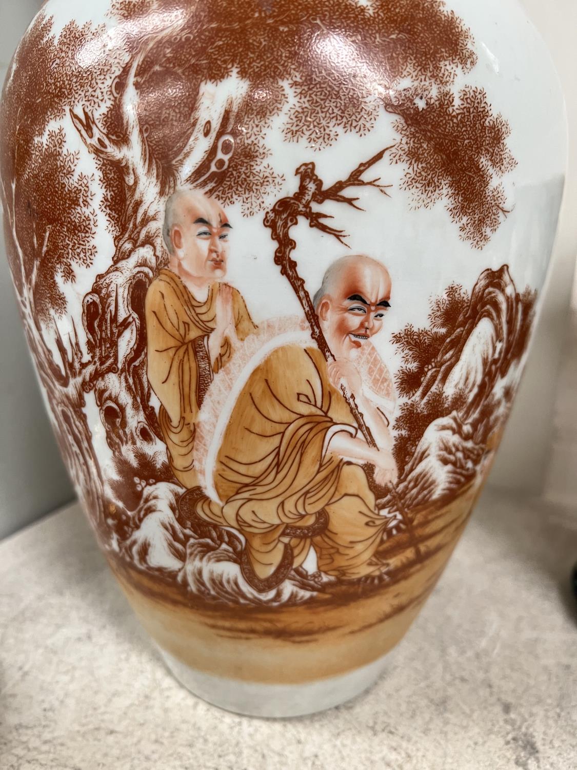 A Chinese vase with burnt orange decoration of monks in a country scene with text to other side, 6 - Image 3 of 5