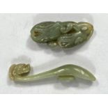 A Chinese carved hard stone belt hook and another naturalistic hard stone carving, 9cm and 6cm