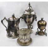 A silver plated classical shaped tea urn with lion mask and ring handles; a large Victorian