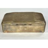 A hallmarked silver cigarette box, engine turned with hinged lid and weighted base, monogrammed,