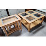 A modern light oak nest of 3 tables with one glass topped and a similar occasional table, the top