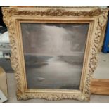 A very large pine French mirror, 66 x 96cm and a pasted picture of a river in antiqued frame.