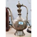 A large brass teapot / jug with extensive decoration, height 36cm