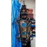 A Victorian style gothic metal and coloured glass hanging hall lantern