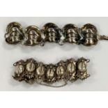 A white metal bracelet stamped Sterling Mexico and another white metal bracelet, the links in the