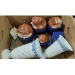 A selection of Wade Tetley kitchen items and two Wedgwood vases