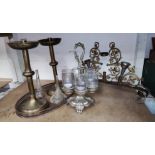 An ornate brass table centre of 3 branches with 2 glass flutes; a 6 pot candle holder