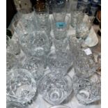A selection of cut drinking glasses; etc.; 2 table lamps and a mirror