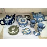 A selection of Wedgwood light blue and other Jasperware:  2 teapots; miniature items, 15 pieces