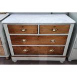 A 19th century chest of 2 long and 2 short drawers in part pine/cream finish, with marble top