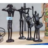 Four modern bronze figures:  musicians and dancers