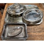 A pair of EPNS entrée dishes, a large silver plated tray and other similar