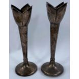 A pair of hallmarked silver tulip vases, weighted bases Birmingham 1910, ht. 23.5cm