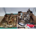 A silver plated four piece tea set and gallery tray; other silver plated cutlery and decorative