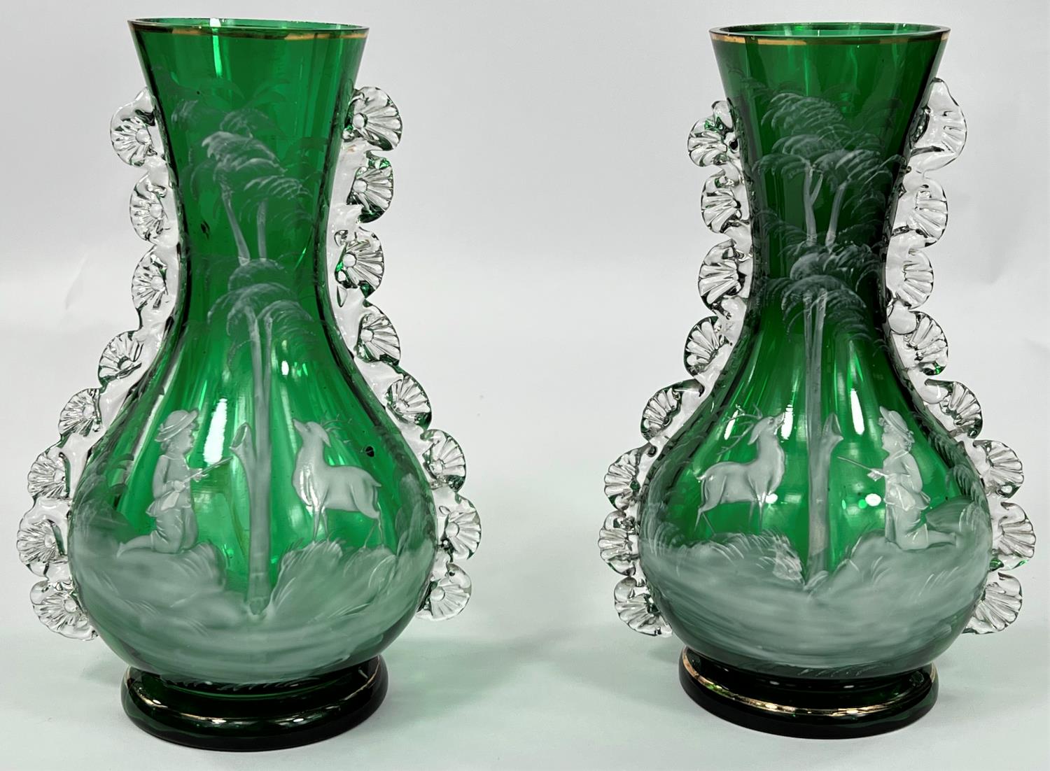 A pair of Mary Gregory green glass vases decorated with boy hunter and stags, height 25cm (1 - Image 2 of 6