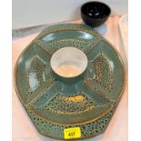 A 1960's Poole hors d'oeuvre dish in mottled green and brown, length 40cm; a Wedgwood bowl