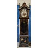 A reproduction black lacquered longcase clock with pagoda top hood, brass dial with moon phase,