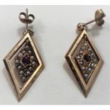 A pair of vintage 1968 9ct hallmarked gold diamond shaped earrings set with central amethyst and