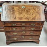 A Georgian walnut inlaid bureau, fitted interior with 4 drawers.