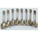 A set of 8 hallmarked silver fiddle pattern teaspoons, monogrammed, London 1838, 5.25 oz