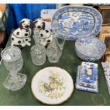 A pair of Staffordshire lustre dogs, Adams bowl, blue and white meat plate, cut glass Spode plate