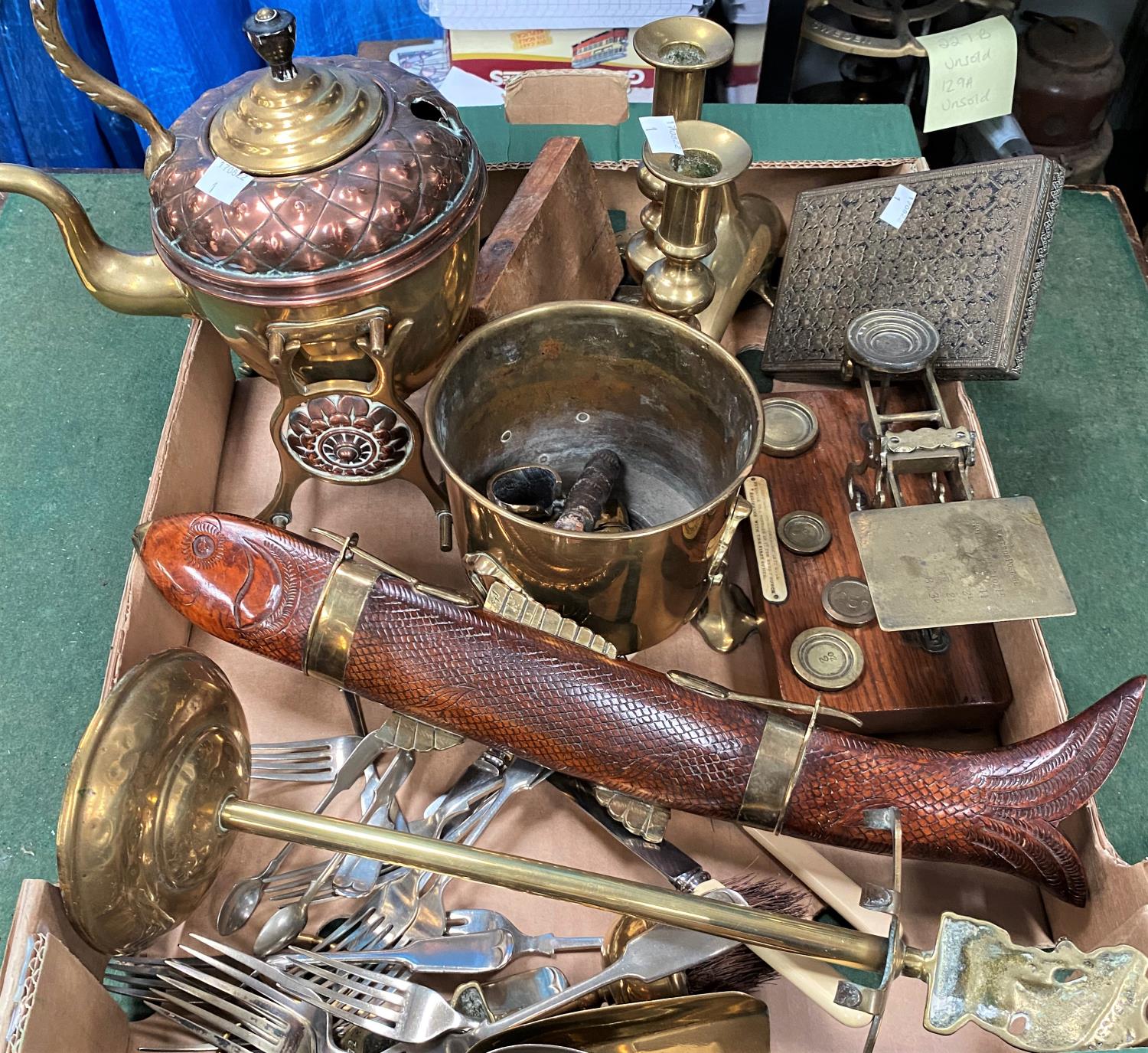 A set of brass postage scales with weights and other brassware, cutlery etc.