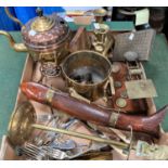 A set of brass postage scales with weights and other brassware, cutlery etc.