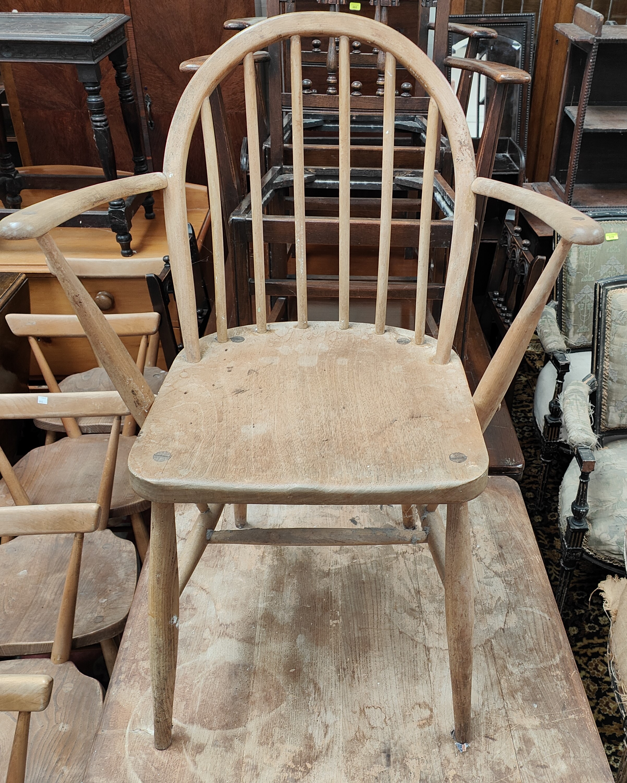 A 1960's Ercol light elm dining suite comprising square table and a pair of carver chairs (in need - Image 2 of 2