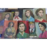 Eight various mid 20th century oil portraits on board, unframed