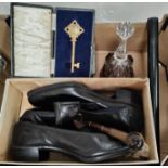 A hallmarked silver cased key, pair of Victorian style woman's leather shoes, a Tigers Eye cane