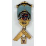 A 9 carat hallmarked gold and enamelled masonic jewel "The Loyal Cheshire Lodge", 26 gm (gross to