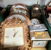 A reproduction brass lantern clock; other wall and mantel clocks