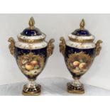 A Coalport matched pair of covered vases, classical urn shaped with hand painted panels of fruit,