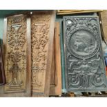 A carved wooden panel from Worsley New Hall, height 47cm; 3 other carved panels