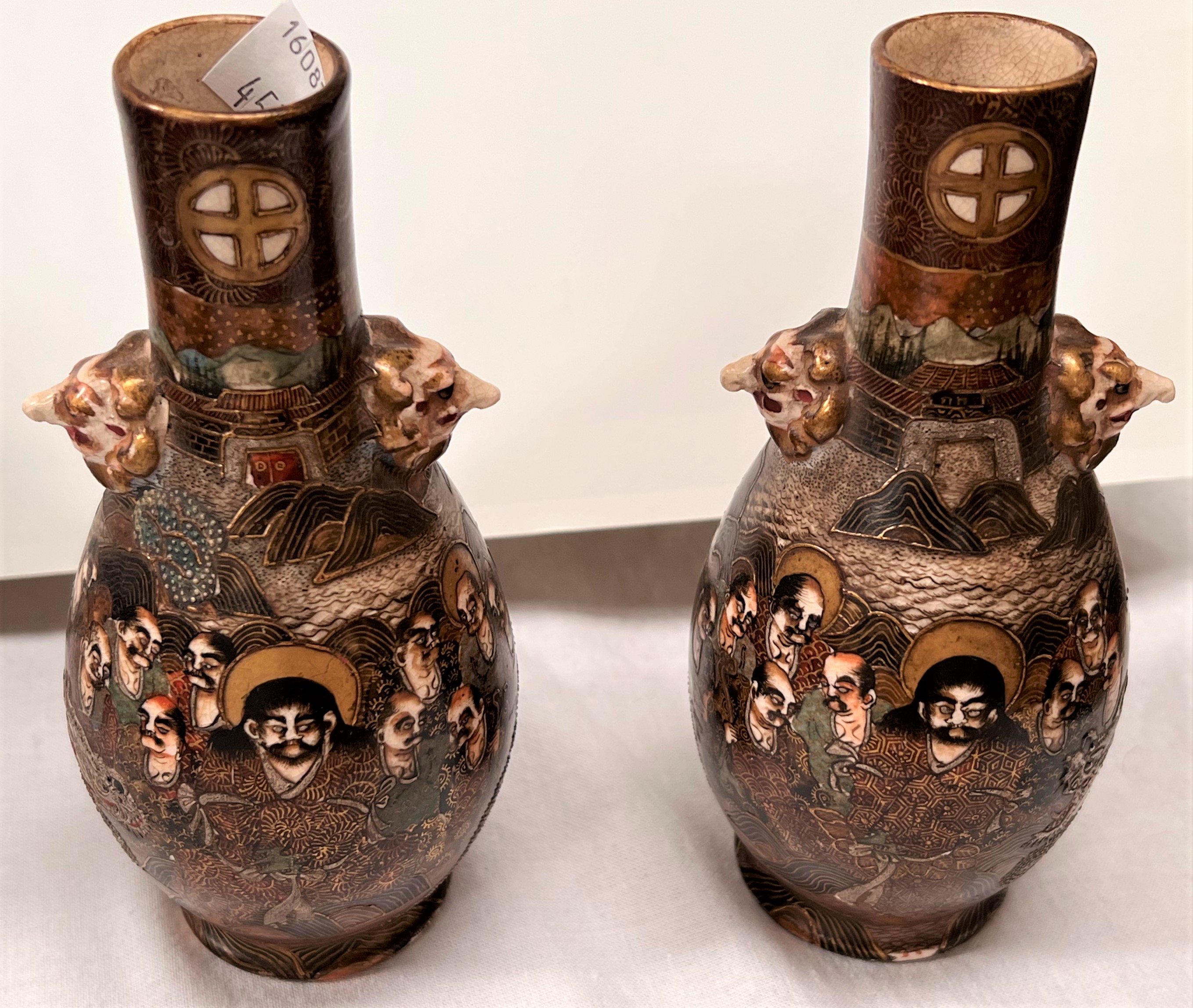 A late 19th/early 20th century pair of satsuma bottle vases '1000 faces', seal mark to bases, height - Image 4 of 4