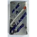A hallmarked silver rectangular vesta case with enamelled match and inscription "In me you'll a