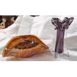 A Murano folded glass white crystal dish, a similar Murano vase with 'melted' rim purple coloured