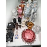 A selection of Victorian and later figures; animals; etc.; and coloured glass