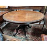 A Victorian mahogany dining table with oval tilt top, on turned column and 3 splay feet