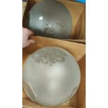 A pair of large ceiling light globes in frosted glass, diameter 25cm approx; another lightshade