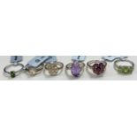 6 ladies sterling silver dress rings:- 1 x Snowflake; 1 x set fancy Bahia Amethyst in the form of