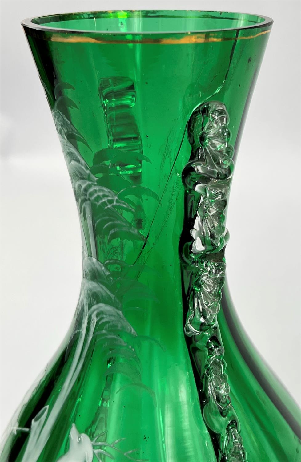 A pair of Mary Gregory green glass vases decorated with boy hunter and stags, height 25cm (1 - Image 4 of 6