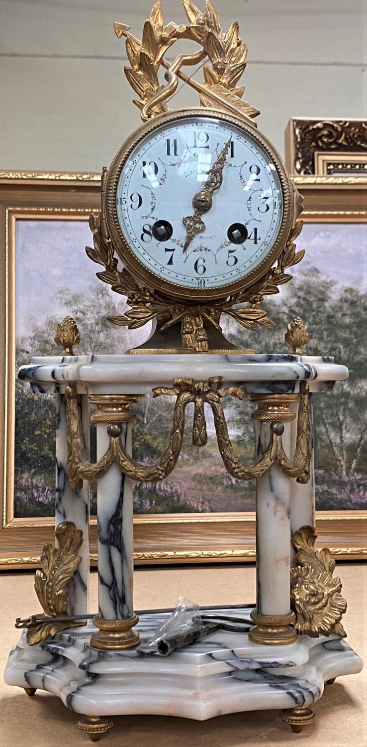A 19th French gilt and marble clock garniture with swag leaf and laurel decoration, with white - Image 2 of 2