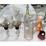 2 pairs of glass candlesticks, 2 glass candlesticks; amethyst glass table bell with air twist