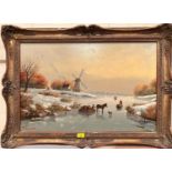 DURAN FAINE: Continental oil on canvas of a winter scene with sledges on ice, windmills etc with