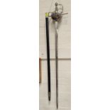 A reproduction decorative sword with musketeer style basket hilt, with scabbard, 119cm