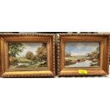 Richard Simm: pair of oil on boards, cattle by river and a couple by river in gilt frame 11 x 17cm